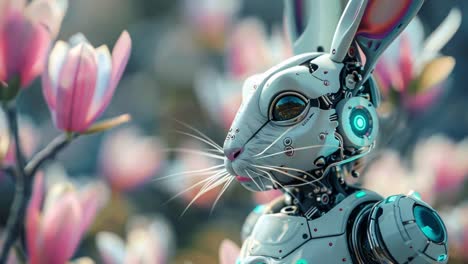 robotic rabbit in a garden of flowers