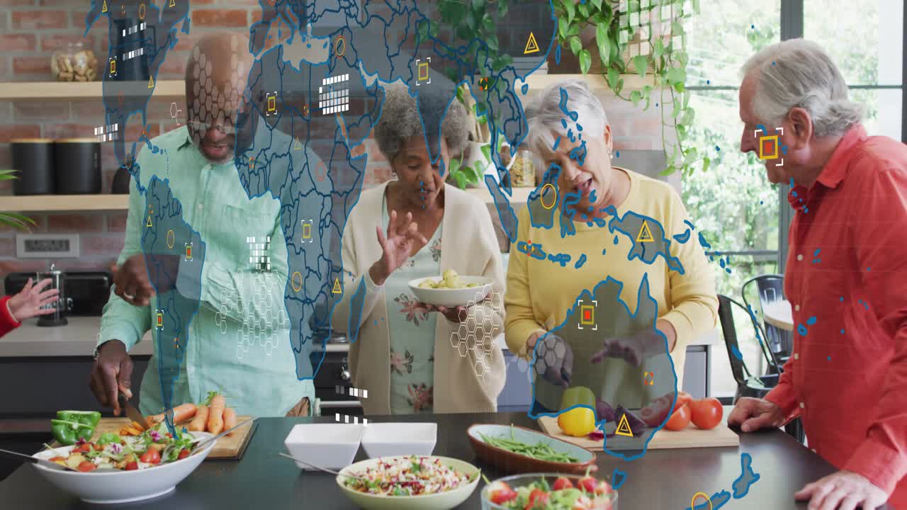 Seniors preparing meal in kitchen frame two showing tech overlay layering over group and produce