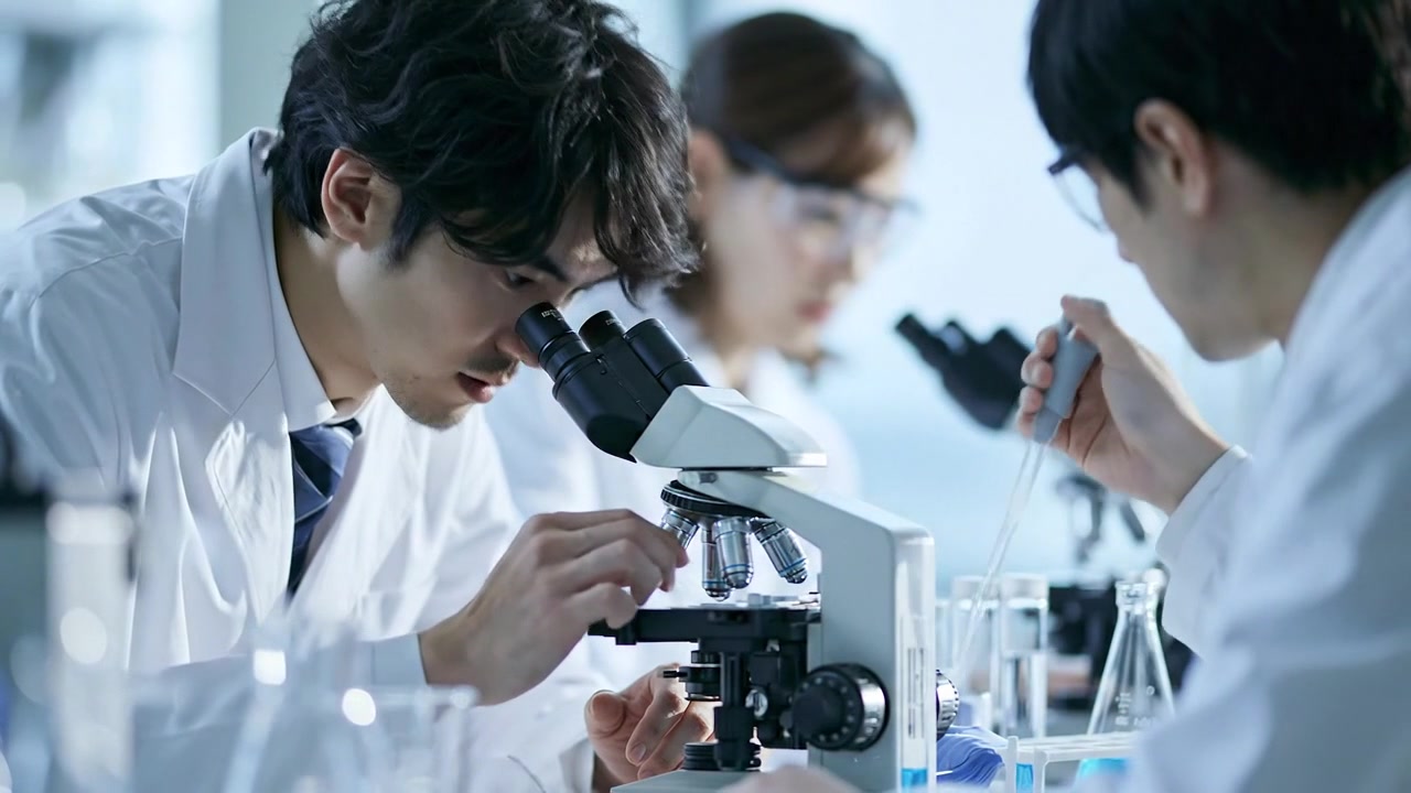 นักวิทยาศาสตร์ในห้องปฏิบัติการกำลังทำงานร่วมกันขณะตรวจสอบตัวอย่างด้วยกล้องจุลทรรศน์