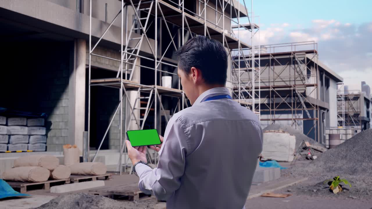 Back View Of An Asian Male Professional Worker Standing At Construction Site in Progress to New House, Checking On Smartphone With Green Screen And Look At The Factory Once