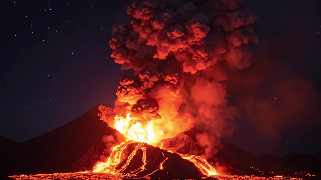 Erupting Volcano at Night: A Stunning Display of Lava and Ash Cloud Lighting Up the Sky with Bright Red and Orange Colors Against a Starlit Background