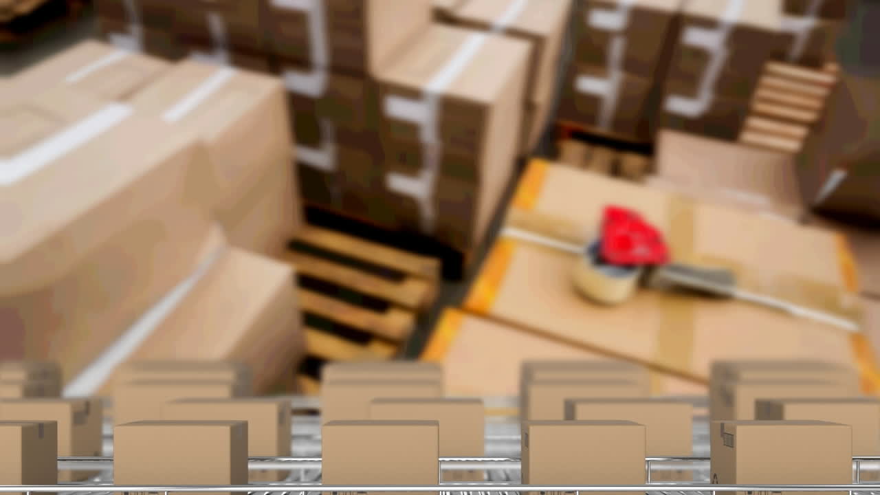 창고 위에서 컨베이어 벨트에 움직이는 카드보드 상자의 애니메이션