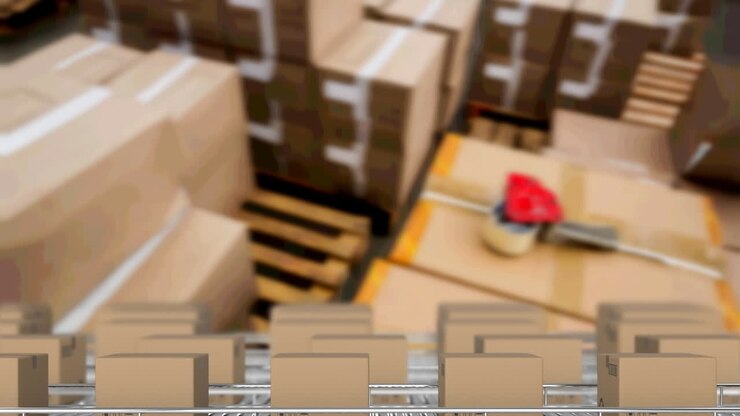 Animation of cardboard boxes moving on conveyor belts over warehouse