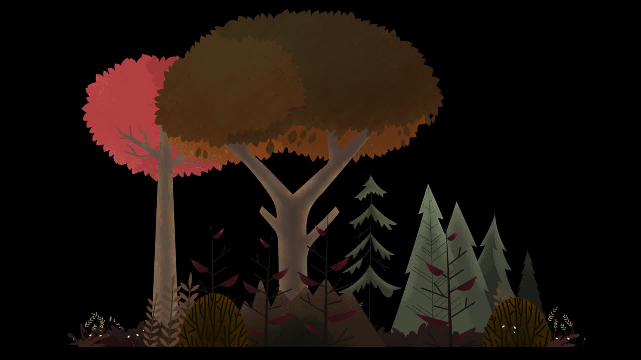 나무, 관목, 풀이 바람에 흔들리는 어리. 가을 오렌지, 빨간색, 갈색.