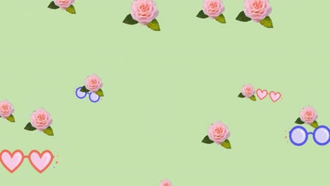 animación de vasos y flores sobre un fondo verde