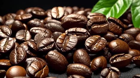 a pile of coffee beans with a green leaf on top