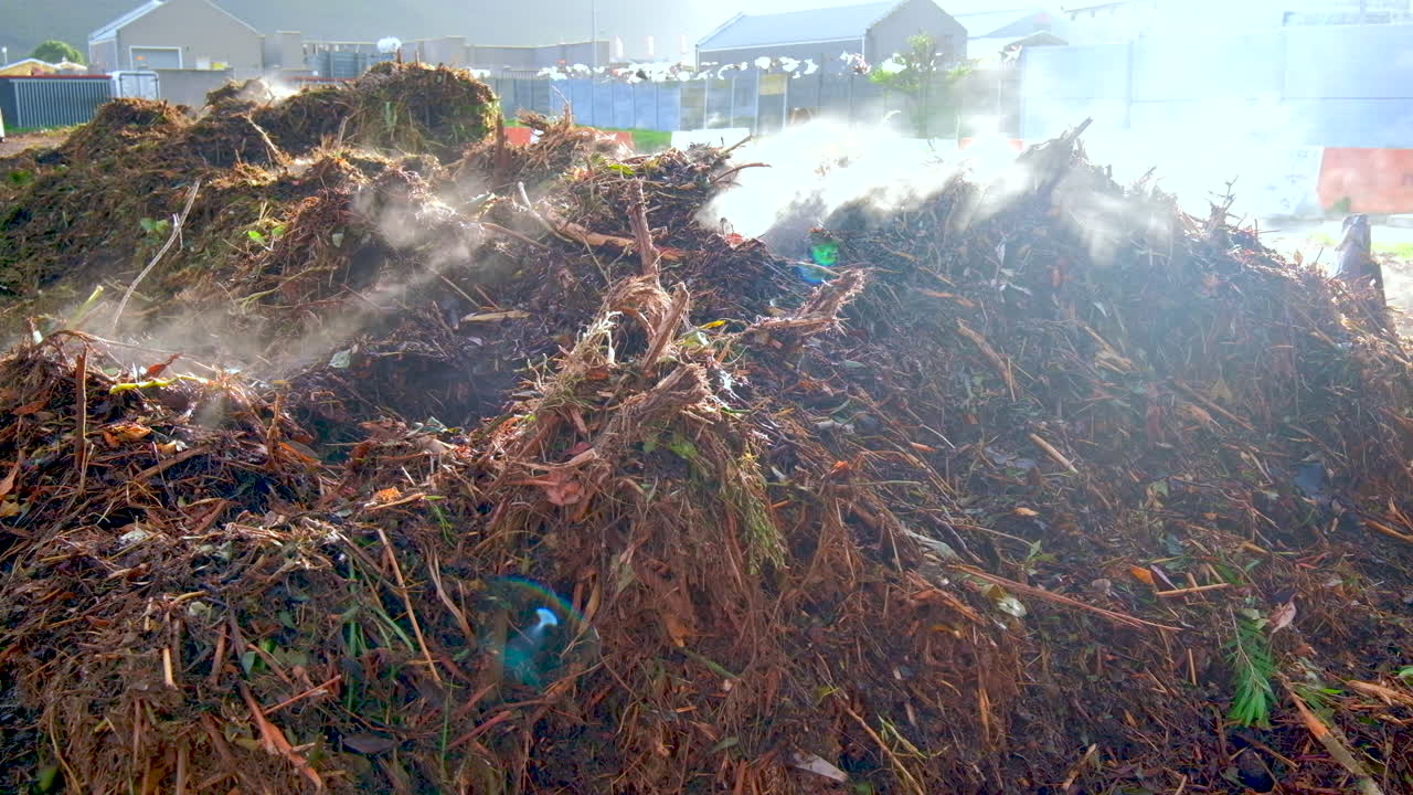 Steaming heap of mulch due to microorganism microbial activity generating heat