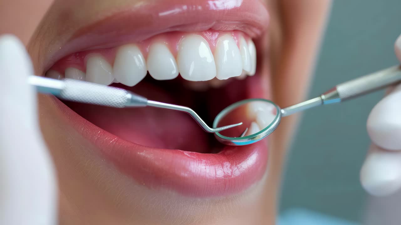 Close-up video concept of a dental check-up, showing a dentist's tools examining a patient's teeth