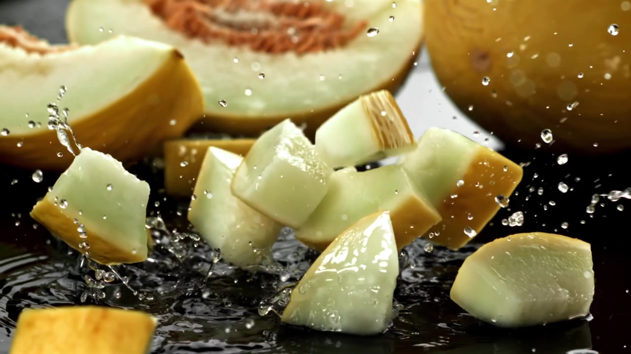 Fresh Melon Cubes Falling into Water with Splashes in Slow Motion