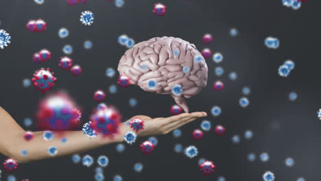 animación de células de covid 19 con cerebro humano girando sobre la mano de la mujer