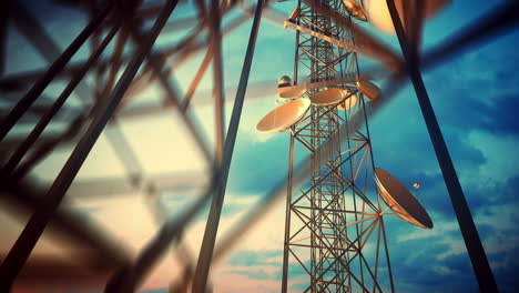 Endless-animation-of-the-uprising-side-view-of-high-communication-tower,-increasing-range-of-wireless-communication.-Cloudless-environment.-Smooth-vignetting-at-the-screen-border.-Loopable.-HD