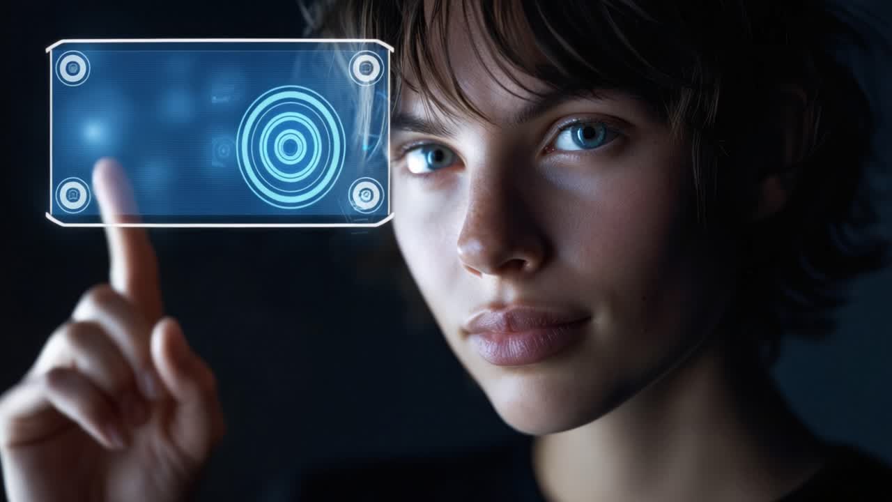 Una giovane donna con tecnologia olografica futuristica che mostra simboli e icone, catturando un momento di coinvolgimento digitale e innovazione