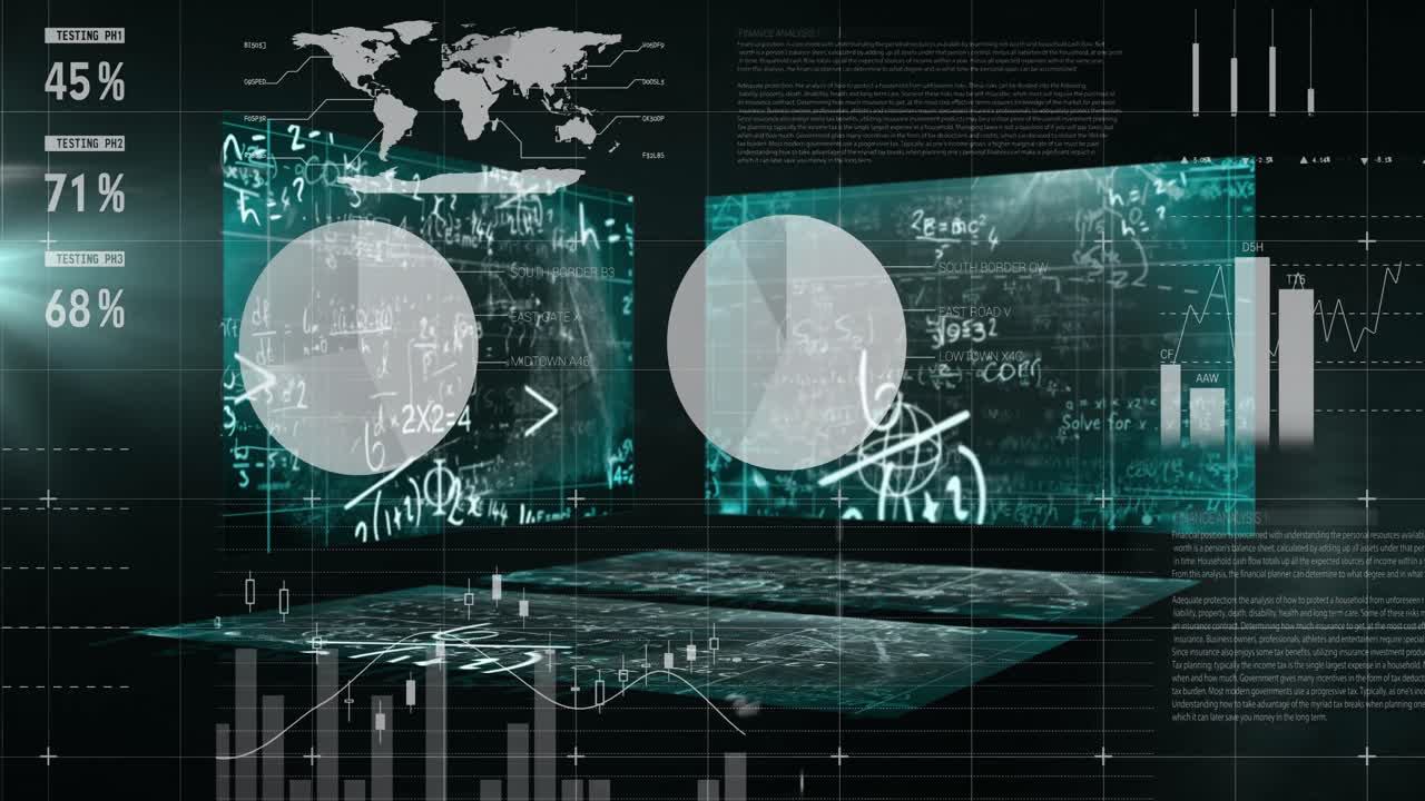 스크린 위의 세계 지도와 함께 데이터 및 통계 처리의 애니메이션