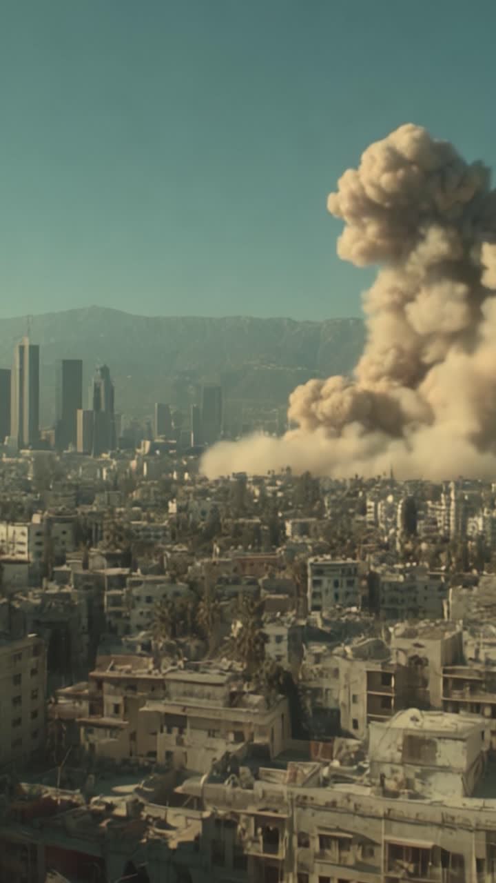 Distruzione scatenata: una città affronta la devastazione mentre una massiccia esplosione manda fumo e detriti nel cielo, alterando per sempre il paesaggio urbano.