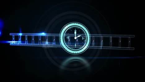 animation of neon ticking clock, spinning dna structure and data processing against blue background