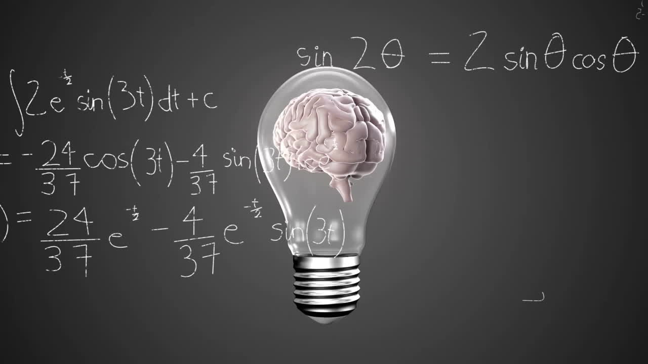 animación de una bombilla con cerebro sobre ecuaciones matemáticas en fondo negro