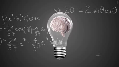 animation of light bulb with brain over mathematical equations on black background