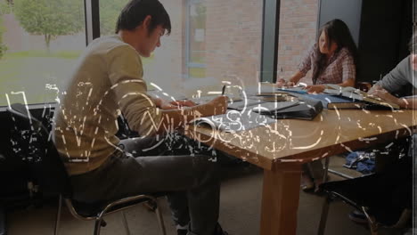 studying at table, students with books over glitch animation