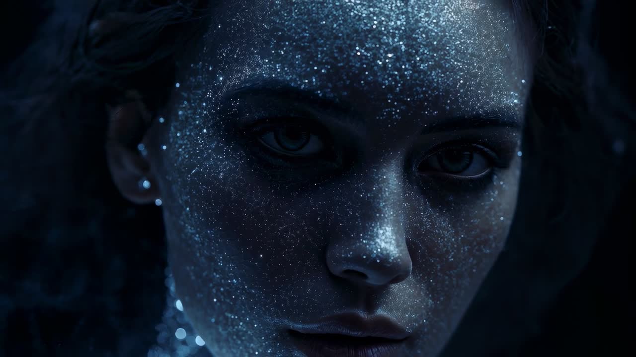 La camera si avvicina a un personaggio femminile che fa piccoli movimenti della testa in studio, mostrando glitter