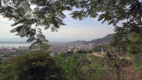 vista del cabo haití enmarcada por ramas de un árbol verde