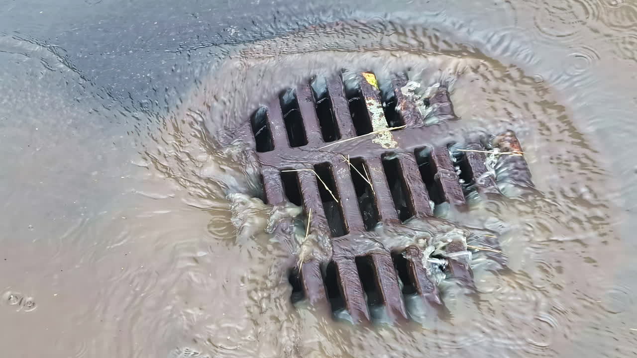 Iron street drain grate with dirty stormwater flowing during rainfall in urban area