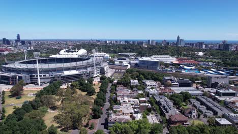 low aerial toward melbourne cricket ground and sports district australia