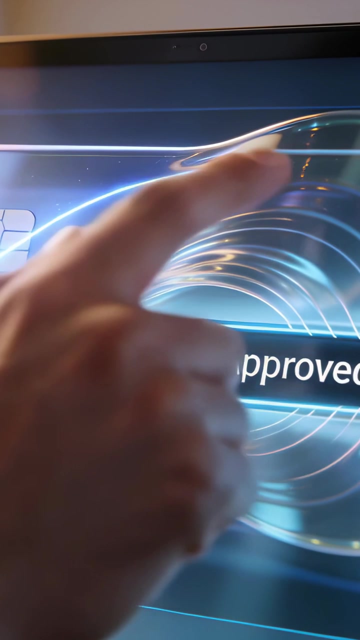 Vertical video: Tapping right hand pressing Approved on kiosk, making chip waves and approving sale