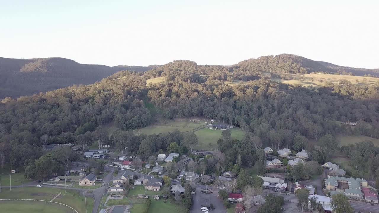 Osborne Park Showground at Kangaroo Valley in New South Wales Australia during morning, Aerial pan right shot