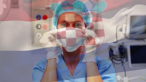 Animation-Der-Flagge-Kroatiens,-Die-über-Einem-Chirurgen-Mit-Gesichtsmasken-Weht
