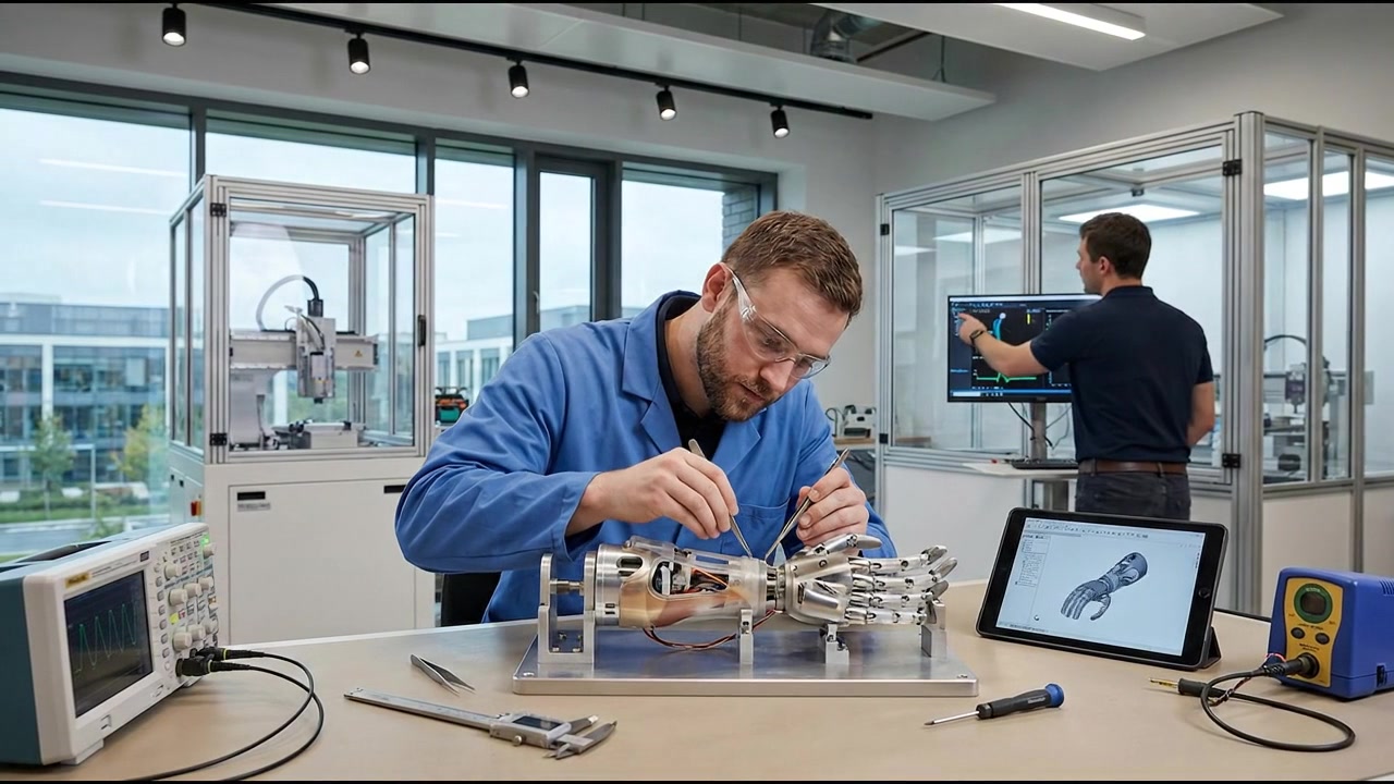 Biomedical specialists developing prosthetic devices and digital anatomy technology during practical treatment in a modern clinic