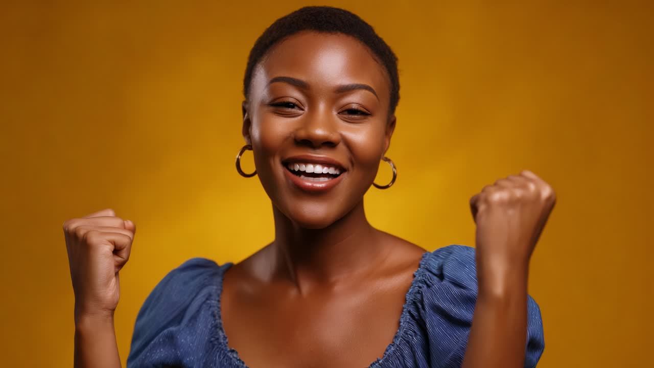 A joyful woman with a radiant smile celebrates a moment of triumph, showcasing her excitement and positivity against a vibrant yellow backdrop that enhances her lively demeanor and infectious happiness