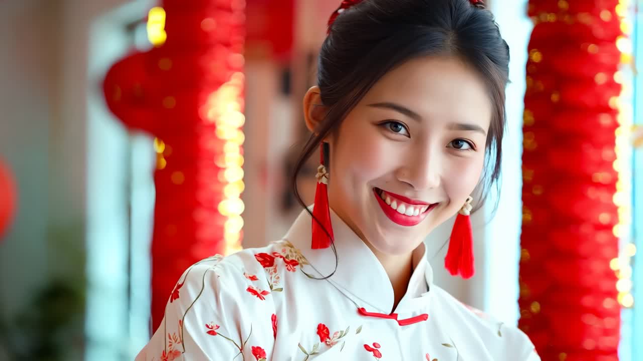 Una donna in cheongsam rosso e bianco sorride alla telecamera