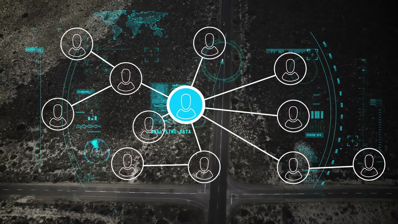 animación de la red de conexiones con personas iconos y procesamiento de datos y paisaje urbano