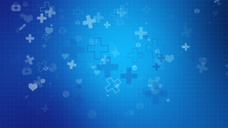 medical symbols crosses, pills, first aid kits fall down. abstract blue background with grid on theme of healthcare. seamless motion graphics.