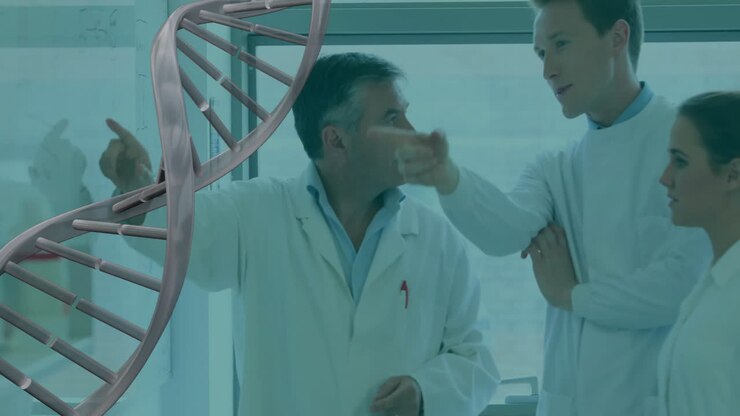 Animazione di un filamento di DNA su diversi scienziati che lavorano in laboratorio