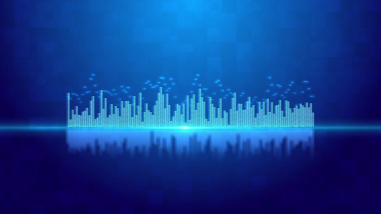 Digital music spectrum motion background cyan equalizer bars glowing reflection blue pixel