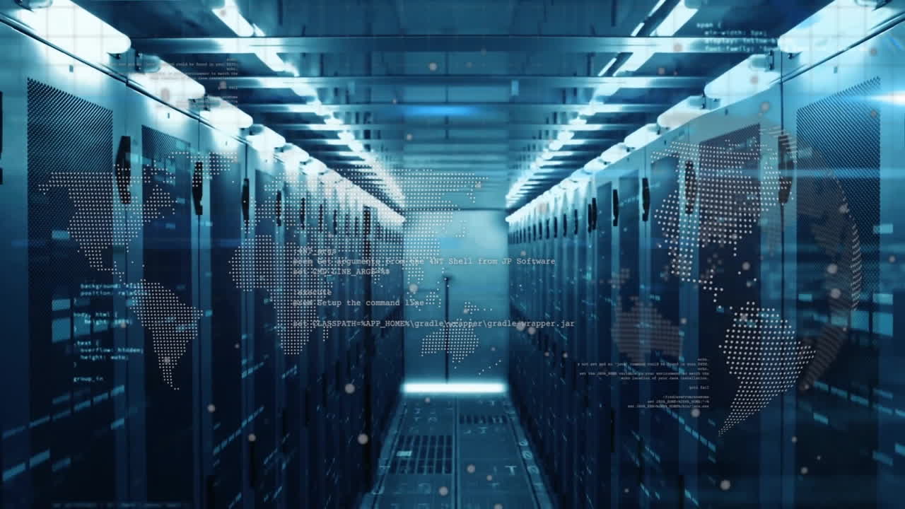 Data processing animation over server racks in futuristic data center