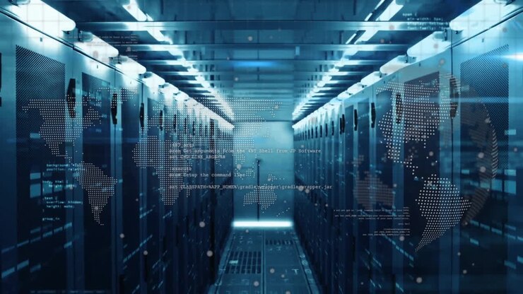 Data processing animation over server racks in futuristic data center