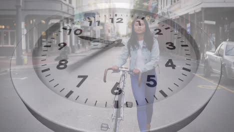 animation of clock over biracial woman with bicycle walking