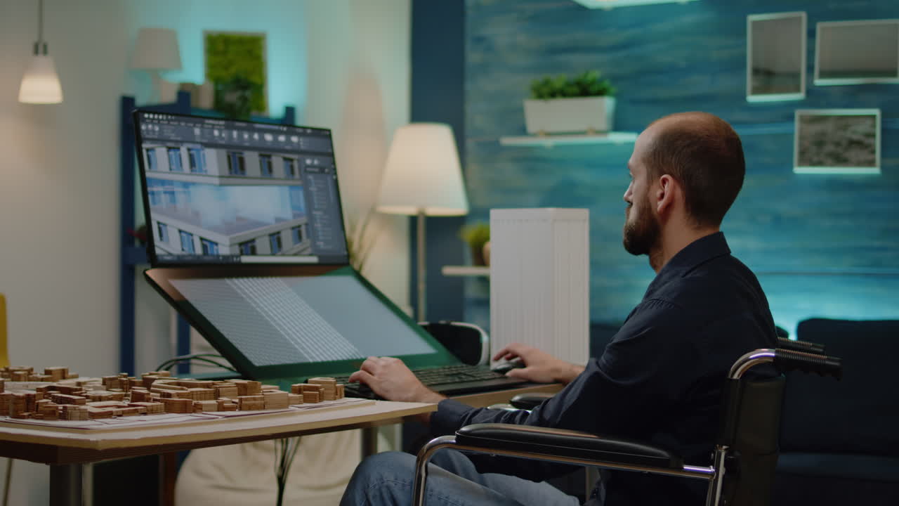 Architect with handicap using touch screen for building model