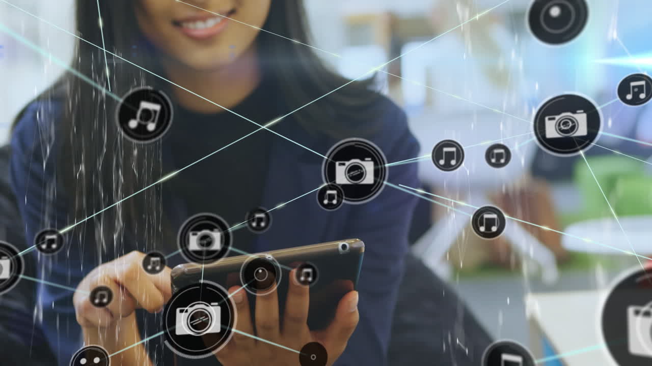 animación de una red de conexiones con iconos sobre una mujer de negocios biracial usando una tableta