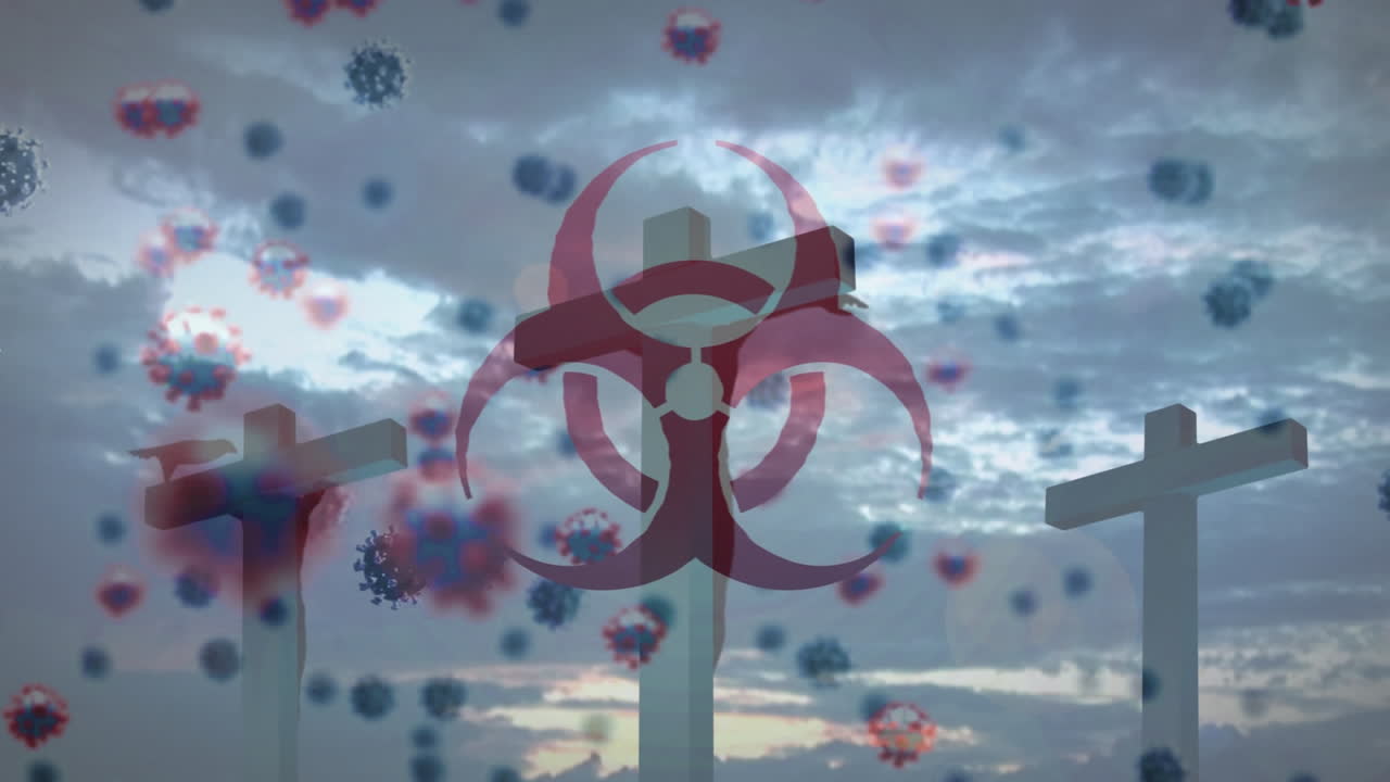 코로나19 세포가 배경의 십자가에 맞춰 움직이는 위험 표지판
