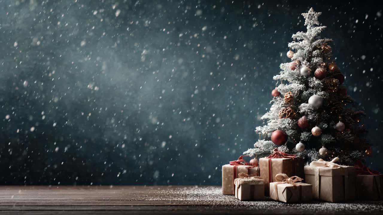 Un'affascinante scena di un albero di Natale splendidamente decorato con incantevoli regali sotto, che crea una magica atmosfera festiva tra fiocchi di neve che cadono