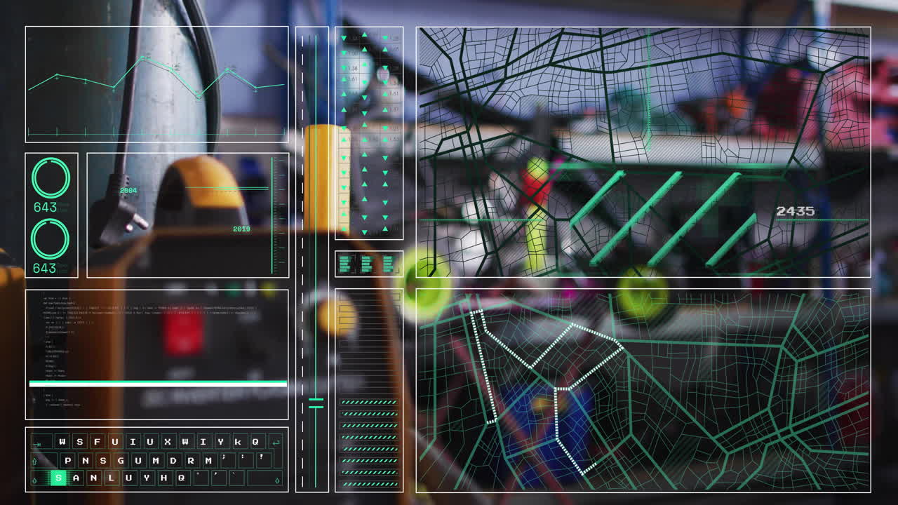 Analyzing data graphs and network on digital interface with animation effects