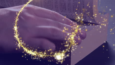animación de una estrella fugaz brillante sobre una persona que revisa y lee un libro