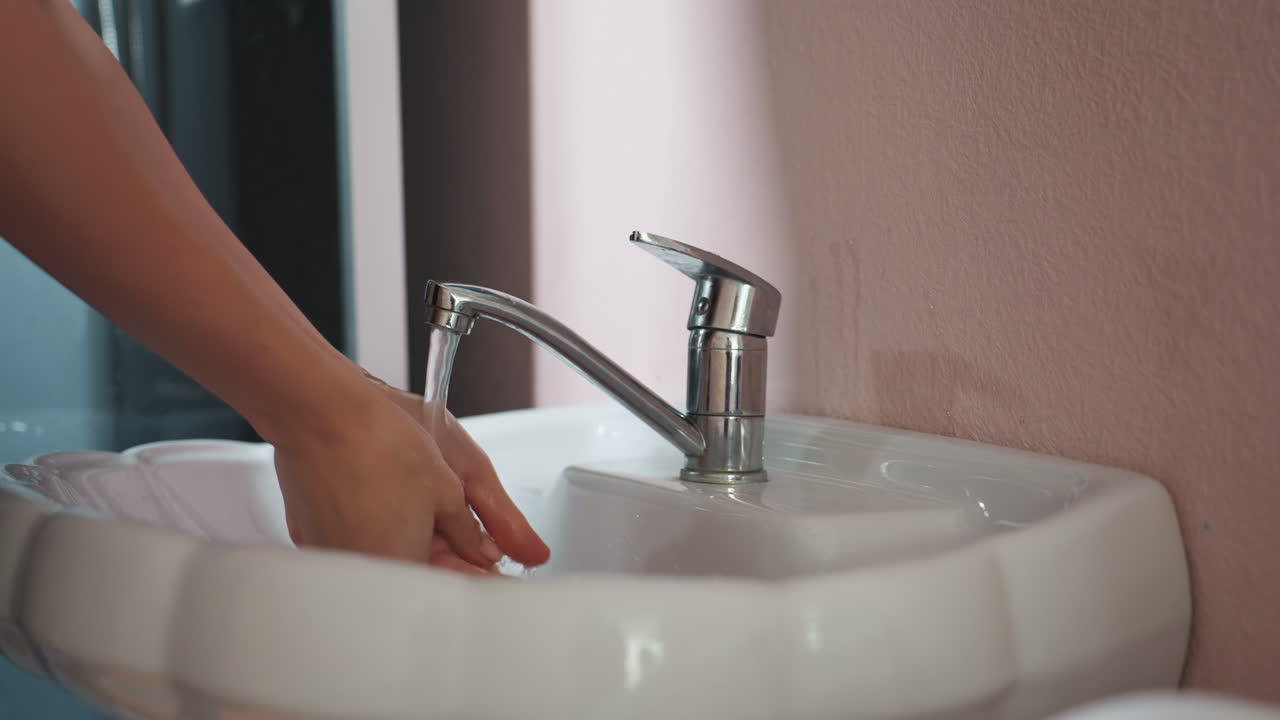 Light skin woman washing hands in white sink with silver faucet, letting water flow while gently cleaning palms and fingers, preparing to dry hands using clean white towel in cozy bathroom setting