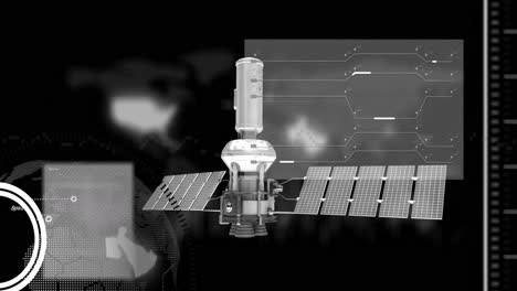 Animation-of-satellite-over-globe-and-screens-on-black-background
