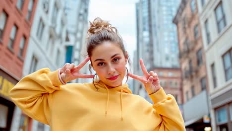 a woman in a yellow sweatshirt