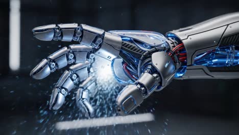 a close-up view of an advanced robotic hand showcasing intricate mechanics and stunning electromagnetic energy in action