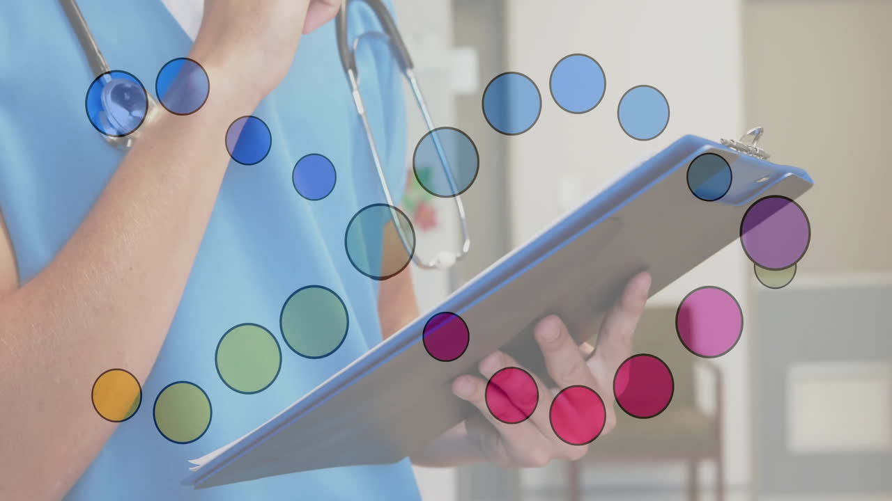 Male healthcare worker holding clipboard wearing stethoscope in clinic showing animated circles